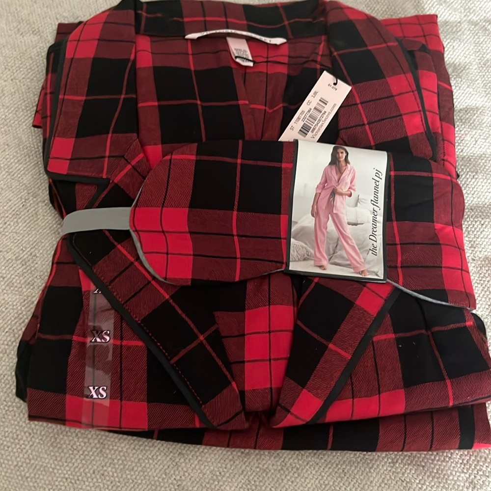 Victoria’s Secret Flannel PJ set with eye mask.